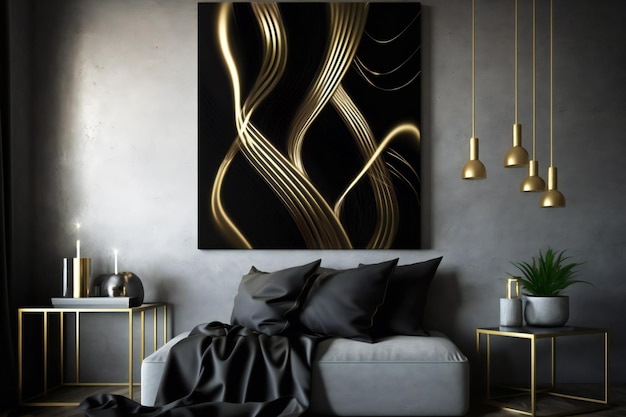 deco astratto in colori di design nero e oro sul muro in un interno neurale in stile minimalista