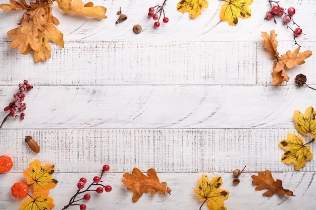 Decor da zucche, bacche e foglie su fondo di legno rustico bianco. Concetto di giorno del ringraziamento o Halloween. Composizione autunnale festiva vista dall'alto con spazio di copia.