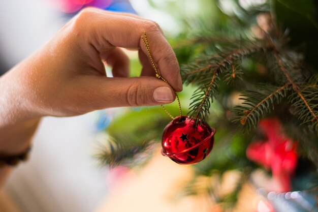 Decorare il bouquet di Natale con ornamenti rossi e rami d'albero
