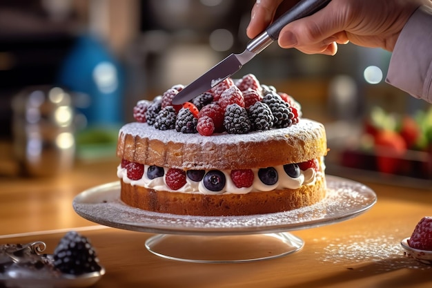 Decorare la torta nel tavolo della cucina professionale con la mano dello chef