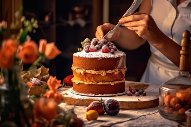 decorare la torta sul tavolo della cucina pubblicità professionale fotografia di cibo