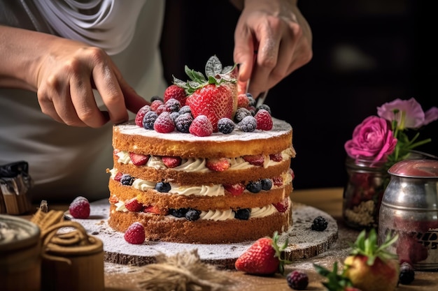 decorare la torta sul tavolo della cucina pubblicità professionale fotografia di cibo