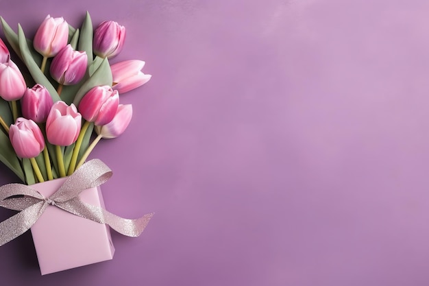 Decorativo di bouquet di fiori di tulipani o confezione regalo confezionata per la festa della mamma o San Valentino con copyspace