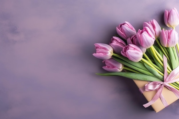 Decorativo di bouquet di fiori di tulipani o confezione regalo confezionata per la festa della mamma o San Valentino con copyspace