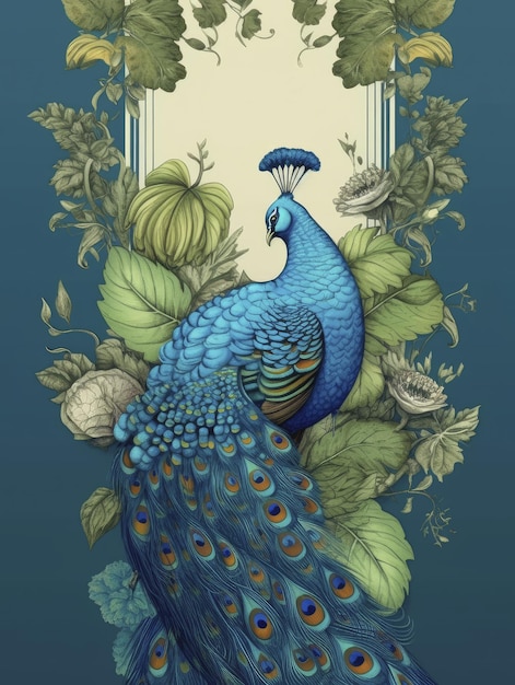 Decorativo uccello pavone vintage sfondo floreale fiore illustrazione carta da parati giungla esotica