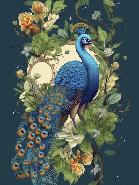 Decorativo uccello pavone vintage sfondo floreale fiore illustrazione carta da parati giungla esotica