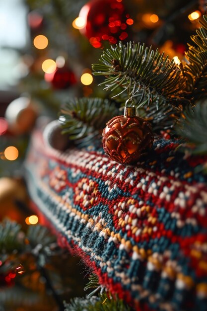 Decorato con un brutto maglione Un albero di Natale festivamente decorato