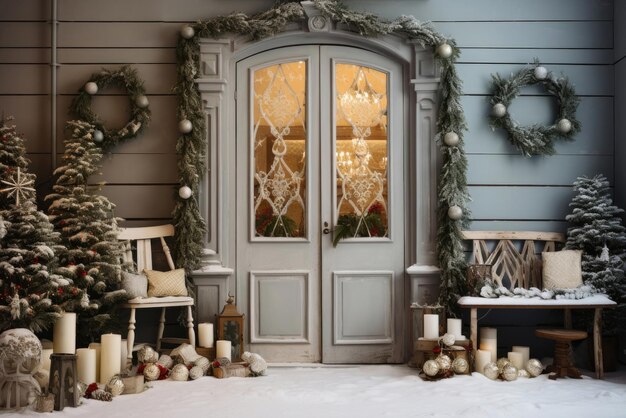 Decorato per Natale le porte d'ingresso di colore azzurro pallido di una casa privata con alberi di Natale e luci alle finestre