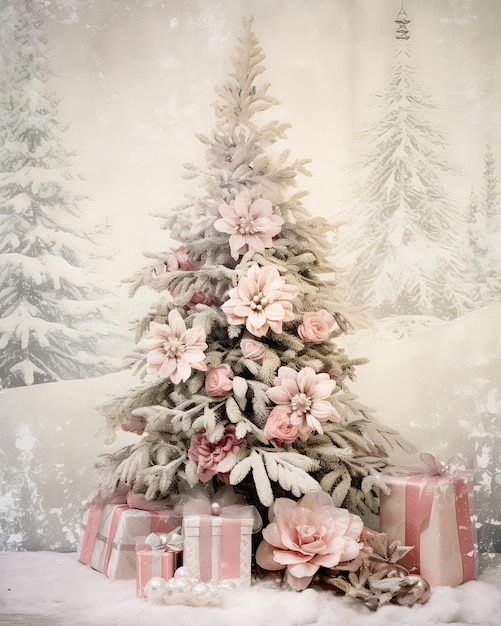 decorato primo piano albero presenta davanti rosa nebbia sfondo fiori modello monocromatico studio bianco