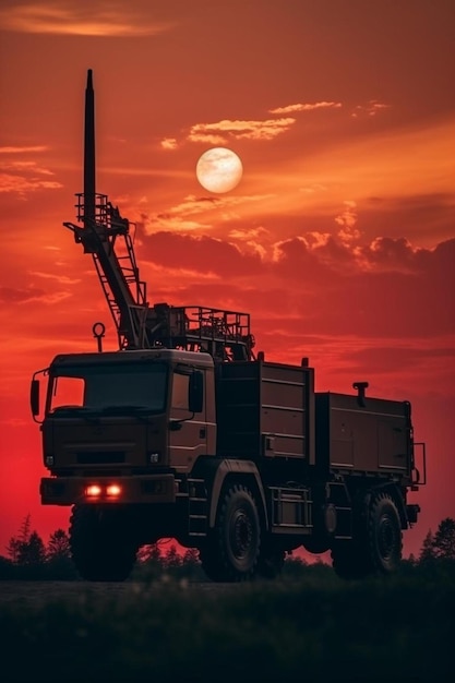 decorazione artistica creativa silhouette di camion mobile di difesa aerea con antenna radar durante il tramonto