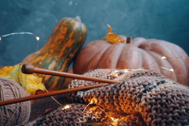 Decorazione autunnale con filati aghi di legno luci e zucche colorate sullo sfondo maglia con...