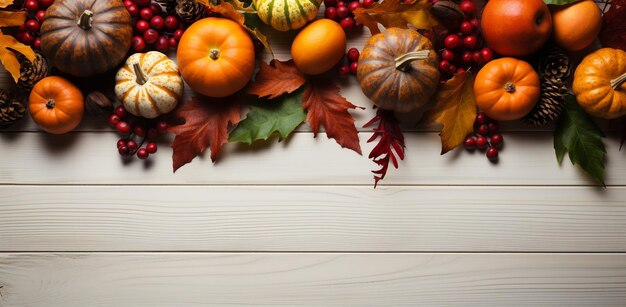 Decorazione autunnale del Ringraziamento con bacche e foglie di zucca su un legno con spazio di copia