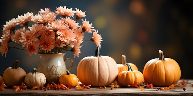 Decorazione autunnale festiva con fiori di zucche e foglie d'autunno per il giorno del Ringraziamento o il concetto di banner di Halloween