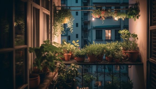 Decorazione balcone estiva foglie verdi fiori e lanterne multicolori illuminano il paesaggio cittadino generato dall'intelligenza artificiale