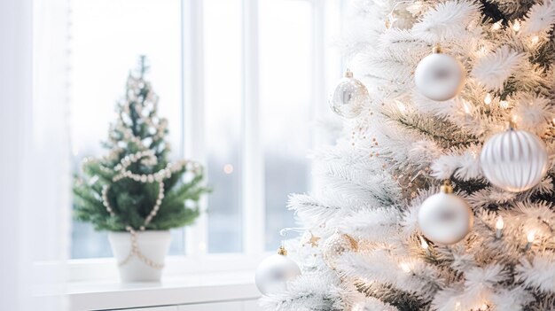 Decorazione bianca per l'albero di Natale per la casa di campagna inglese in campagna e ispirazione per le celebrazioni delle vacanze