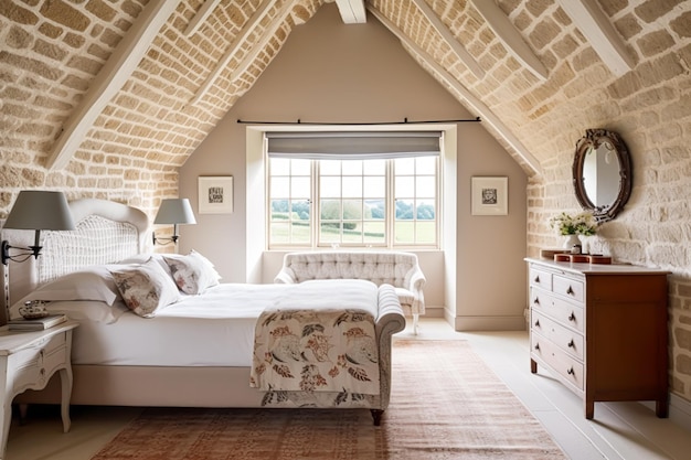 Decorazione camera da letto cottage interior design e affitto vacanze letto con eleganti lenzuola e mobili antichi idea in stile casa di campagna e fattoria inglese