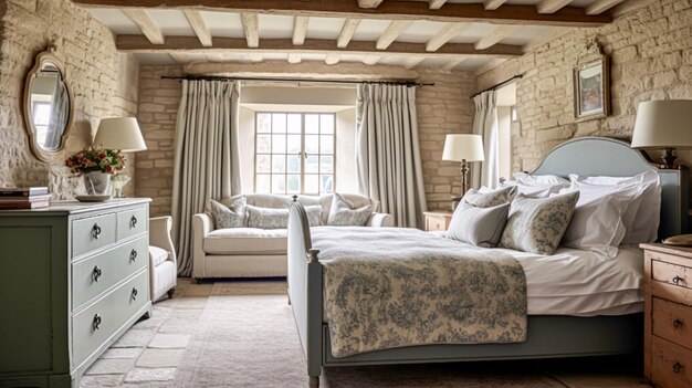 Decorazione camera da letto in stile cottage design d'interno e decorazione della casa letto con lettiera elegante e mobili su misura casa di campagna inglese o affitto per le vacanze