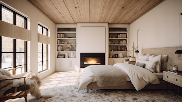 Decorazione camera da letto interior design scandinavo stile rustico con camino decorato con legno e pelliccia materiale Generative AI AIG26
