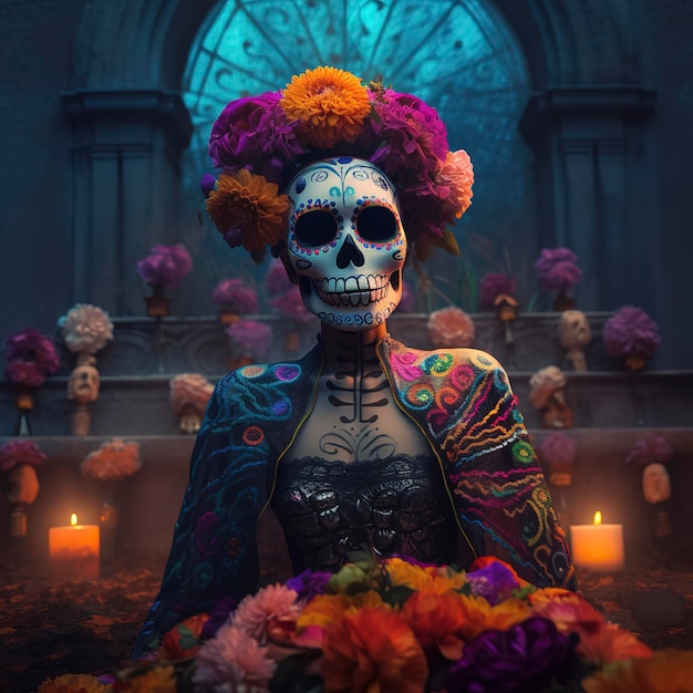 Decorazione Catrina in ricchi colori per l'altare del Giorno dei Morti Generative AI