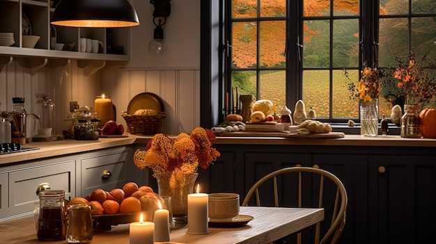 Decorazione cucina autunnale interior design e decorazione della casa cucina inglese classica decorata per la stagione autunnale in una casa di campagna idea in stile cottage elegante