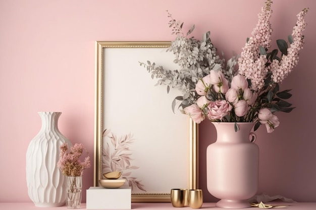 Decorazione d'interni fiorita Bellissimi fiori in un vaso contro un muro rosa