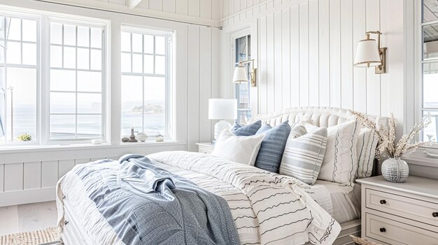 Decorazione da camera da letto di cottage costiera bianca design d'interno e decorazione della casa letto con lettiera elegante e mobili su misura casa di campagna inglese e affitto per le vacanze