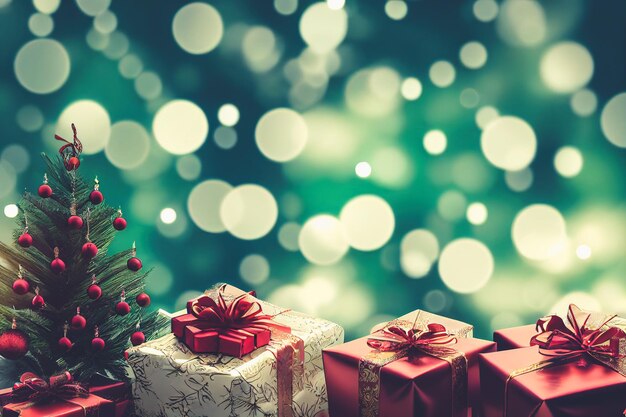 Decorazione del festival di Natale con scatole regalo, nastri in pile e spettacolare albero di Natale da regalare a parenti e amici il giorno di Natale o Capodanno 2023 con allegra e gioia illustrazione 3D