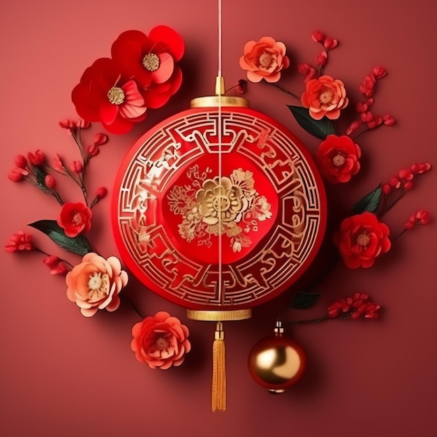 Decorazione del nuovo anno cinese con lanterne tradizionali o fiori di sakura concetto di nuovo anno lunare