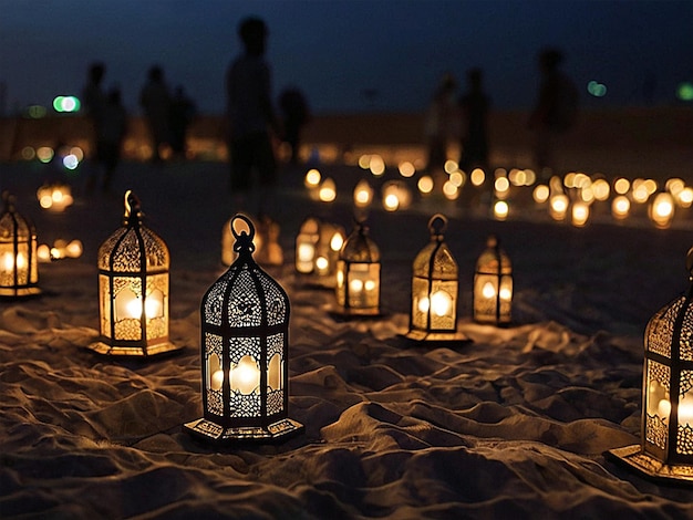 decorazione del ramadan con lanterna araba e candela di notte
