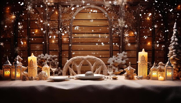 Decorazione del tavolo di Natale con fiocchi di neve e luci e sfondi in legno in t