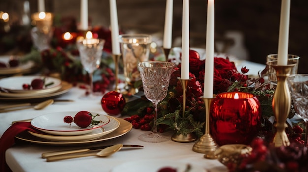 Decorazione del tavolo di Natale tavoli di vacanza paesaggio e tavolo da pranzo decorazione di eventi formali per la celebrazione di Capodanno in famiglia stile inglese country e domestico