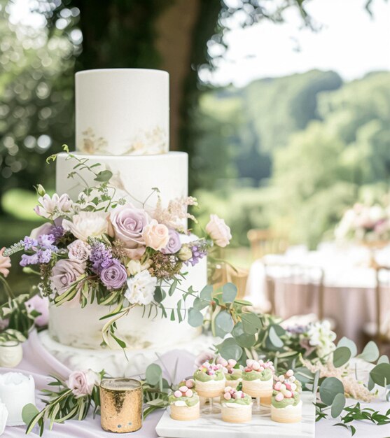 Decorazione del tavolo di nozze con fiori di lavanda dolci e torte