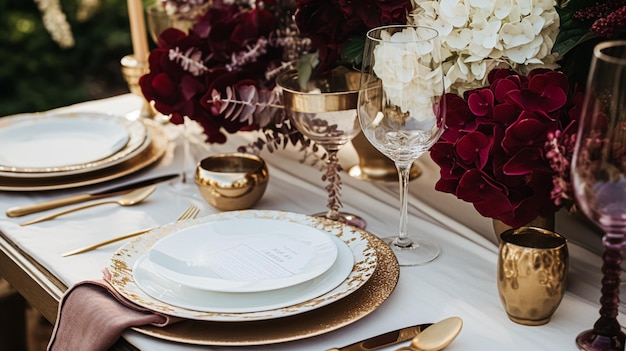 Decorazione del tavolo florale per matrimoni o cene formali, celebrazione di vacanze, paesaggio con fiori di ortensia nella campagna inglese, tavolo da giardino e vino per la cena di famiglia, festa e stile di casa.