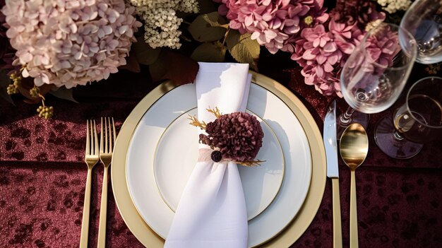 Decorazione del tavolo florale per matrimoni o cene formali, celebrazione di vacanze, paesaggio con fiori di ortensia nella campagna inglese, tavolo da giardino e vino per la cena di famiglia, festa e stile di casa.