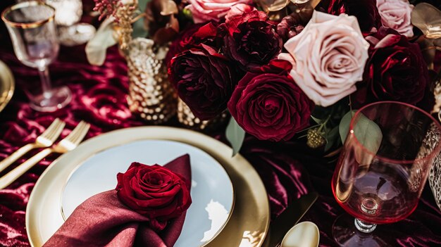 Decorazione del tavolo floreale formale con rose e vino decorazione del tavolo floreale elegante per la festa e la decorazione delle vacanze idea di home styling