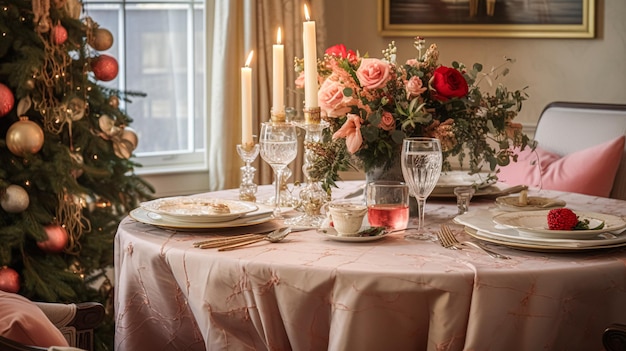 Decorazione del tavolo per la cena di famiglia festiva a casa tavolo di vacanza paesaggio e tavola formale per la celebrazione del matrimonio stile inglese country e domestico