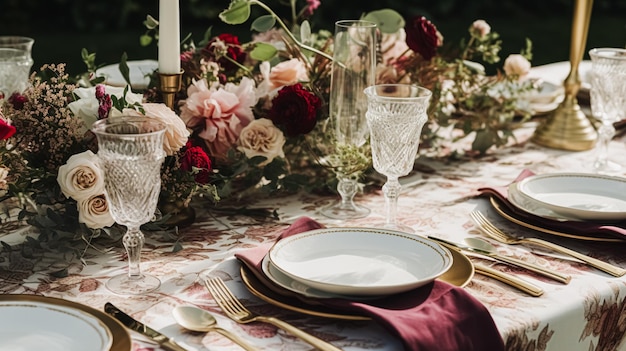 Decorazione del tavolo per matrimoni e celebrazioni con fiori decorazione formale della tavola da cena con rose e vino decorazione elegante del tavolo floreale per la festa di cena e la decorazione delle vacanze