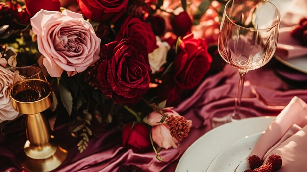 Decorazione del tavolo per matrimoni e celebrazioni con fiori decorazione formale della tavola da cena con rose e vino decorazione elegante del tavolo floreale per la festa di cena e la decorazione delle vacanze