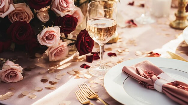 Decorazione del tavolo per matrimoni e celebrazioni con fiori decorazione formale della tavola da cena con rose e vino decorazione elegante del tavolo floreale per la festa di cena e la decorazione delle vacanze