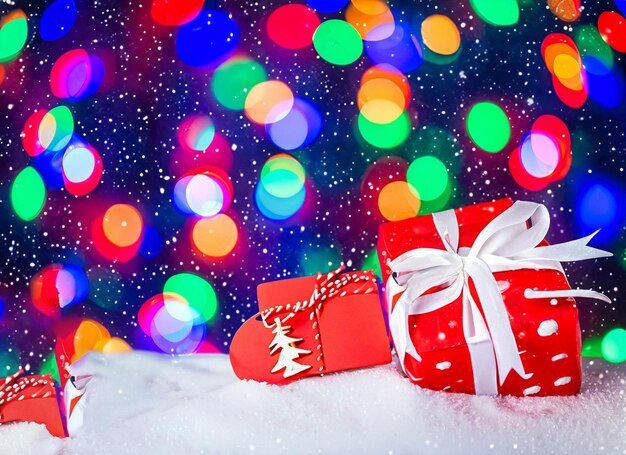 Decorazione dell'albero di Natale sulla neve con luci e regali con spazio per le copie