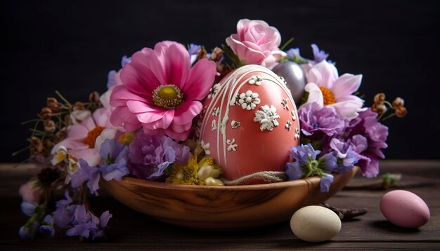 Decorazione dell'uovo di Pasqua con bouquet di fiori genera ai