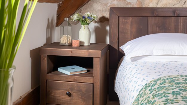 Decorazione della camera da letto della fattoria, interior design e mobili in legno, letto con lettiera di campagna, affitto di vacanze in stile casa di campagna inglese e cottage