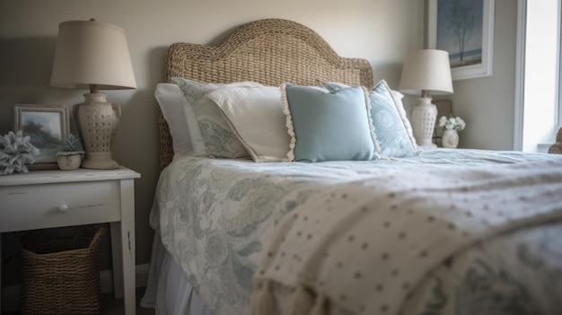 Decorazione della camera da letto Home interior design Coastal Stile tradizionale con finestra decorata con materiale Wicker e lino Generative AI AIG26