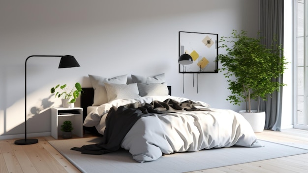 Decorazione della camera da letto Home interior design Moderno stile minimale con letto decorato con materiale in legno e metallo Generative AI AIG26