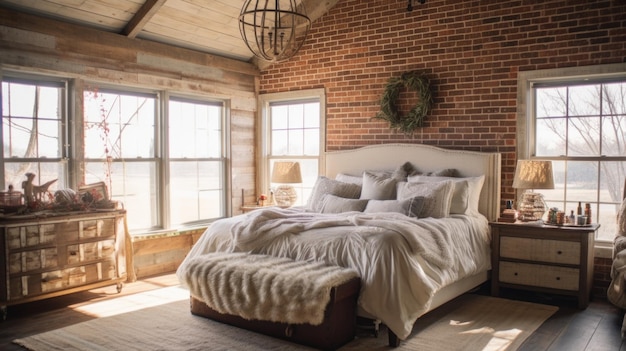 Decorazione della camera da letto, interior design della casa da fattoria, stile rustico con porta del fienile decorata con materiale in legno e mattoni, Generative AI AIG26