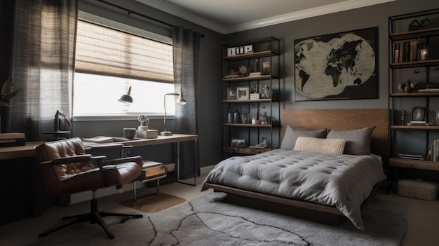 Decorazione della camera da letto, interior design, stile industriale midcentury moderno