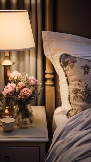 Decorazione della camera da letto moderna cottage interior design e decorazione della casa lenzuola e eleganti lenzuola da letto di campagna lampada e fiori stile casa di campagna inglese