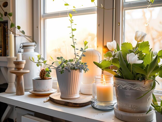 Decorazione della casa primaverile Decorazioni interne primaverili con fiori e candele accese bianche brillanti