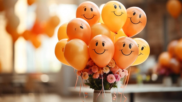 Decorazione della festa di compleanno e palloncini colorati con disegni di varie facce emoticon un sacco di risate sorriso su sfondo beige