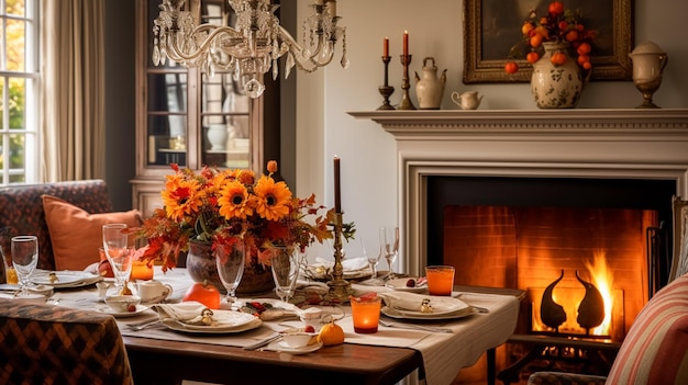 Decorazione della sala da pranzo interior design e celebrazione delle vacanze autunnali decorazione elegante della tavola autunnale con candele e fiori decorazione della casa e stile cottage di campagna